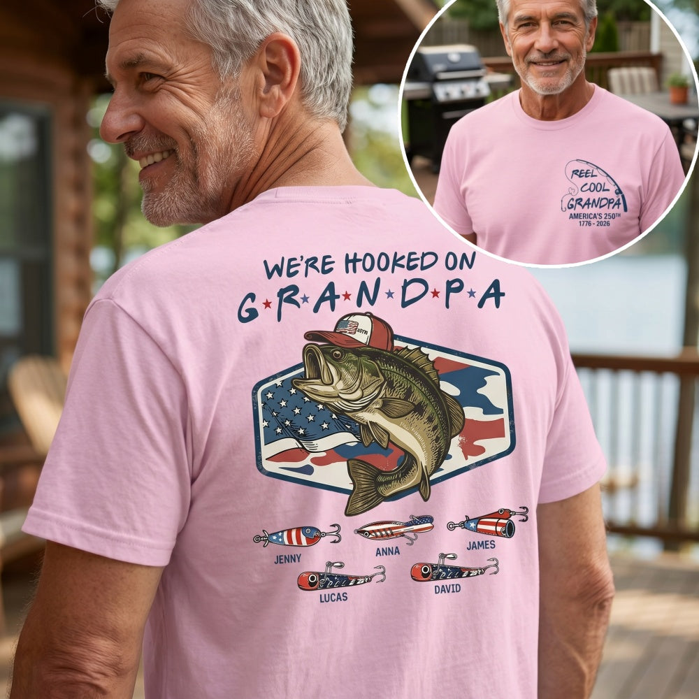 Personalized Kids Names Fishing T-Shirt With America 250th Bass Graphic Patriotic Father's Day Gift