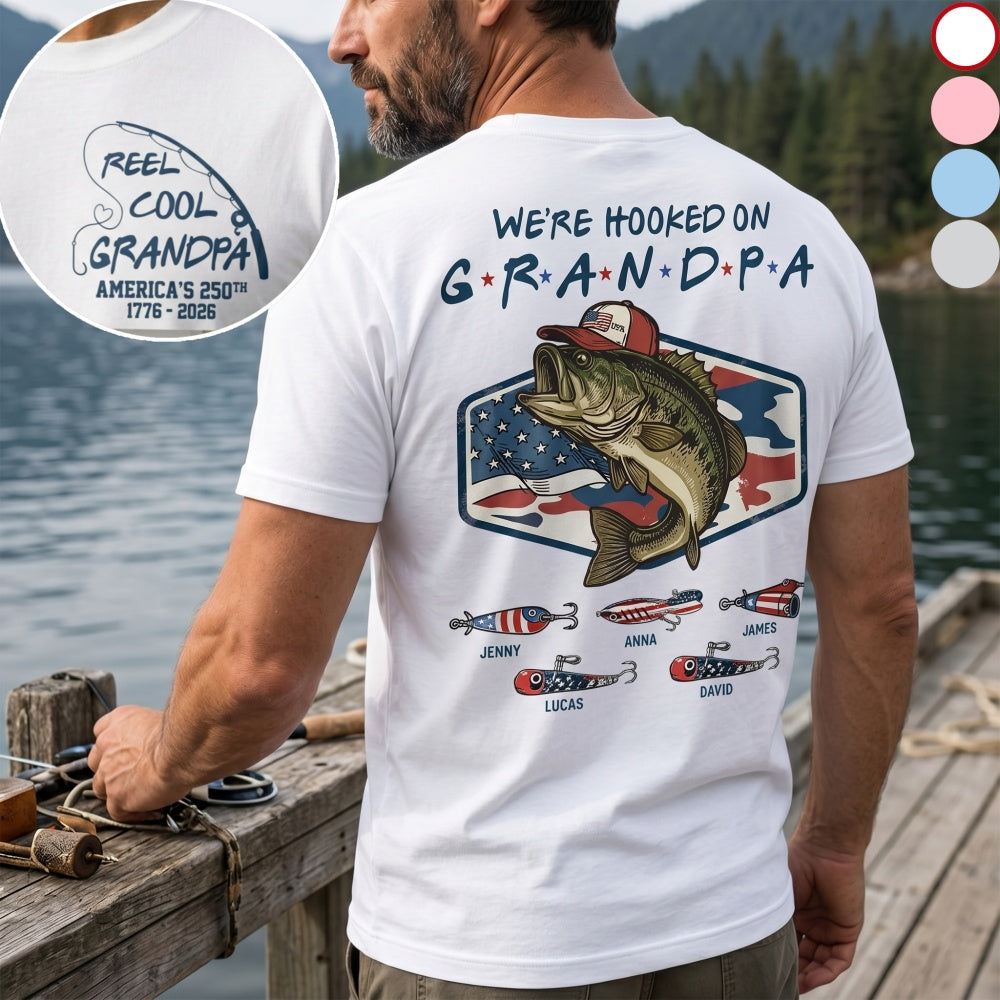 Personalized Kids Names Fishing T-Shirt With America 250th Bass Graphic Patriotic Father's Day Gift
