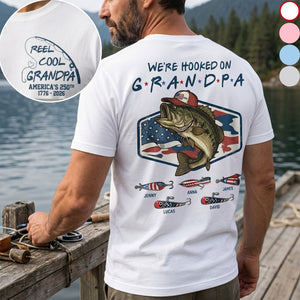 Personalized Kids Names Fishing T-Shirt With America 250th Bass Graphic Patriotic Father's Day Gift
