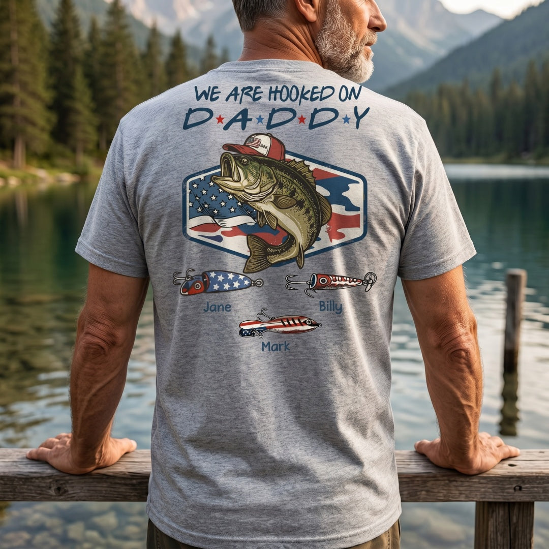 Personalized Kids Names Fishing T-Shirt With America 250th Bass Graphic Patriotic Father's Day Gift