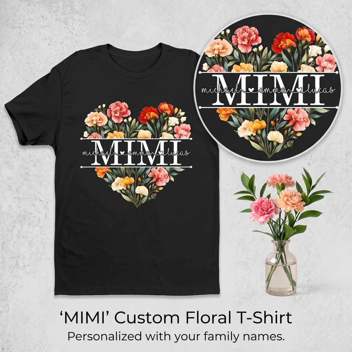Personalized Heart T-Shirt With Kid Names & Title |  Mother's Day Gift For Mom Grandma