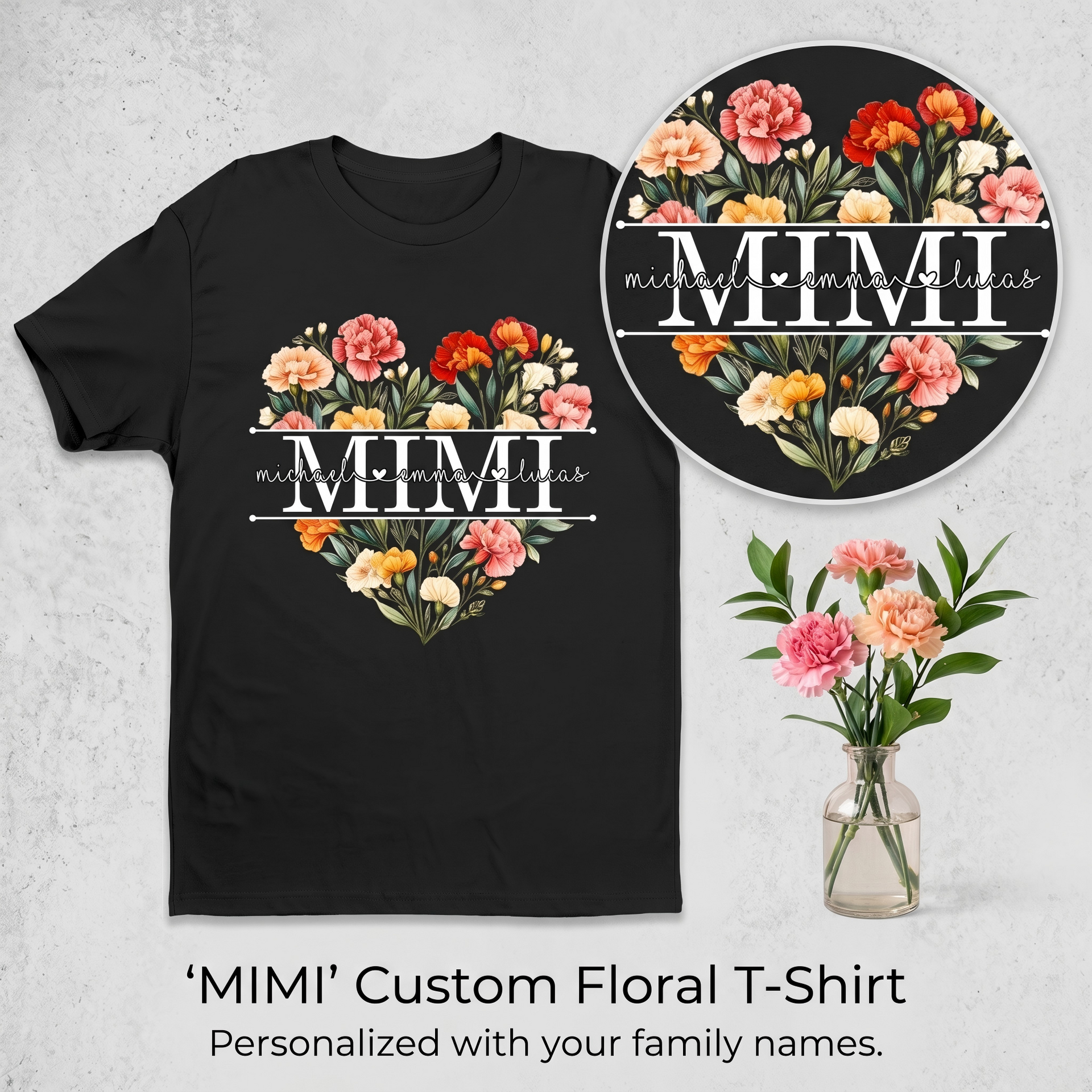 Personalized Heart T-Shirt With Kid Names & Title |  Mother's Day Gift For Mom Grandma