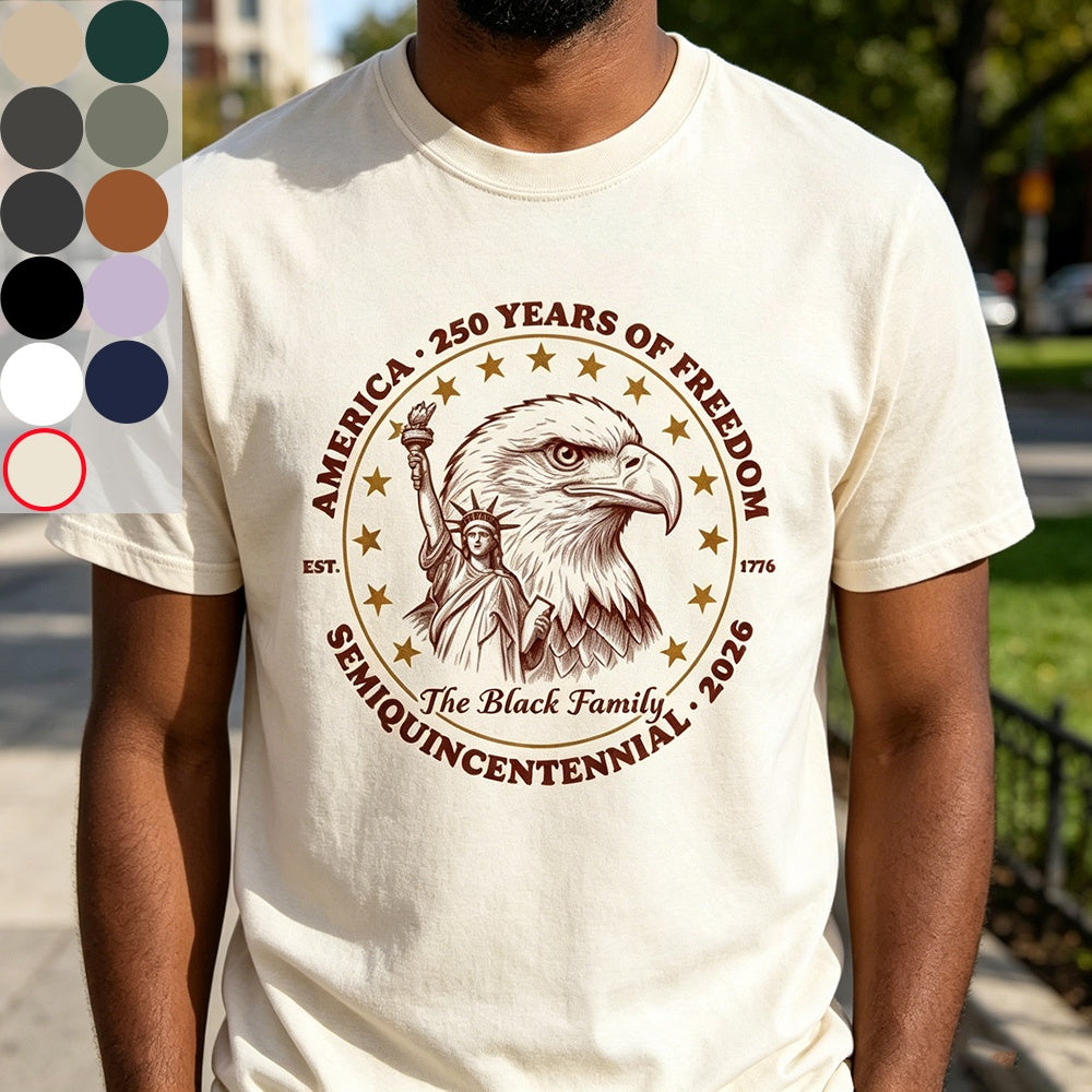 Personalized USA 250 Years Of Freedom Tee With Eagle Liberty Crest - Independence 2026 Gift For Family