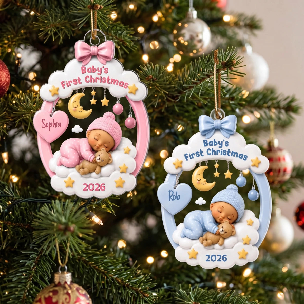 Personalized Baby's First Christmas Acrylic Ornament - Sleeping Kid Moon Stars - Gift For New Parents