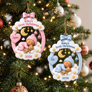 Personalized Baby's First Christmas Acrylic Ornament - Sleeping Kid Moon Stars - Gift For New Parents