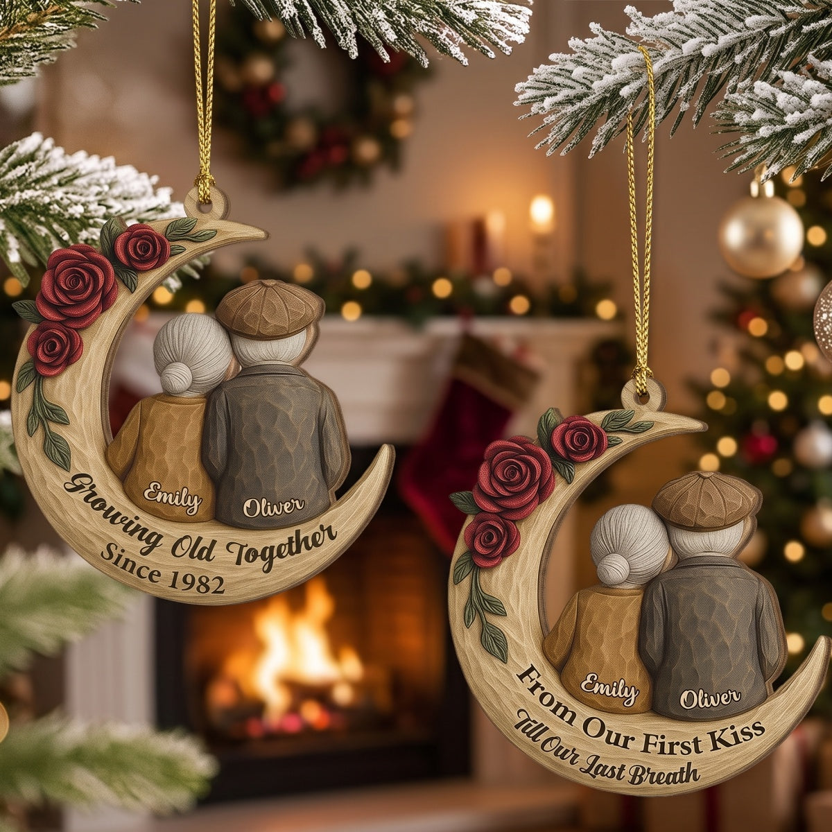 Personalized Names Year Wooden Ornament With Old Couple Moon Art For Christmas & Anniversary Gift