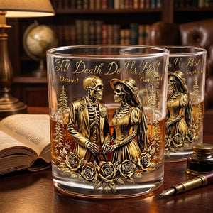 Personalized Name Skeleton Couple Whiskey Glass With Till Death Do Us Part For Halloween Anniversary Gift