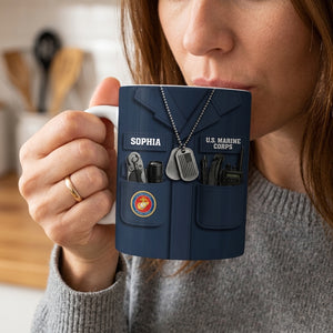 Personalized Name US Army Ceramic Coffee Mug With Camo Uniform Dog Tag For 4th Of July