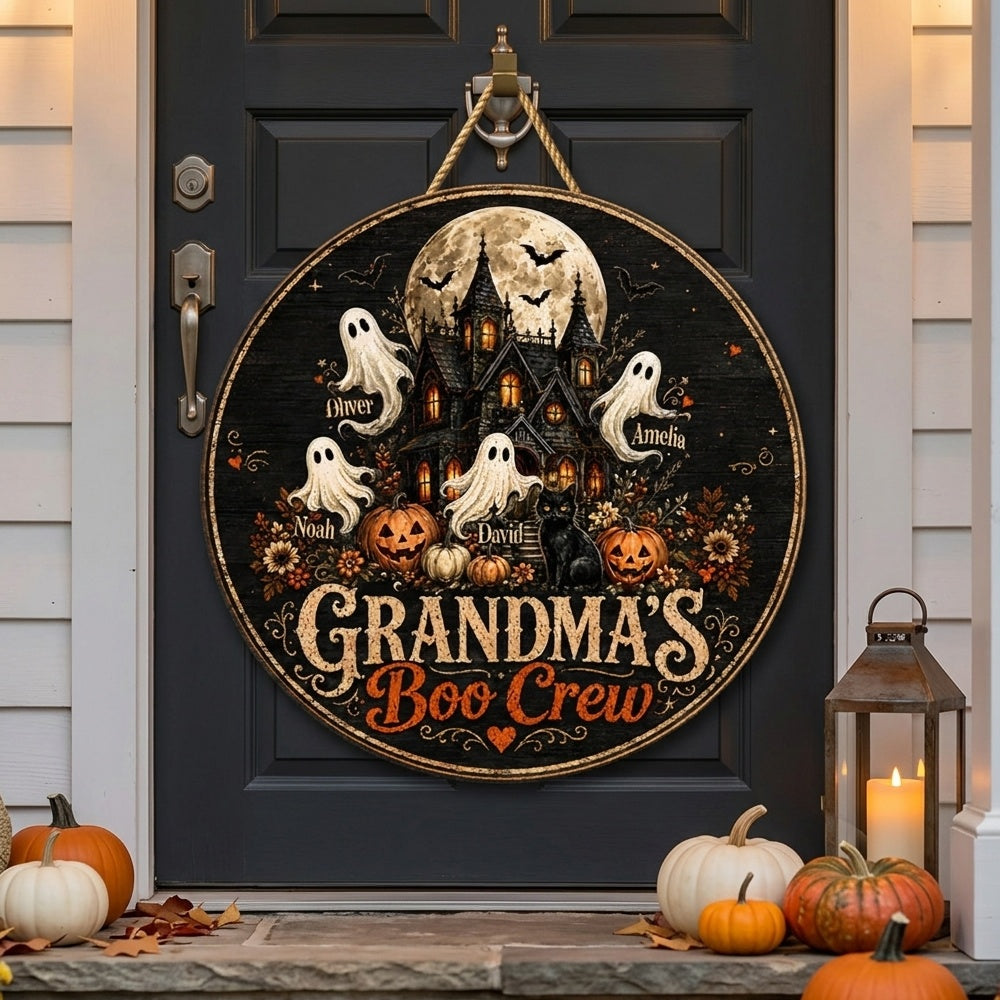 Personalized Kids Name & Grandma's Boo Crew Wooden Sign With Haunted House Ghost For Halloween Decor