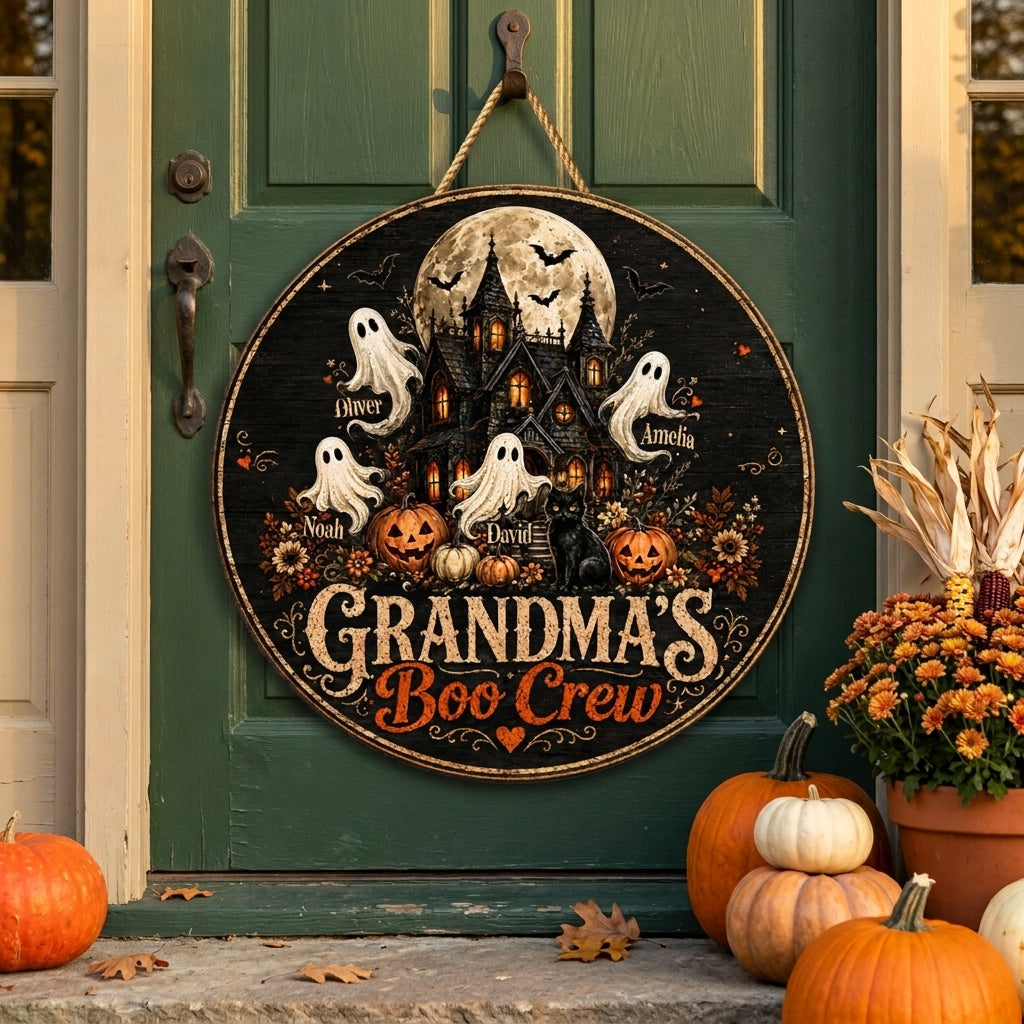 Personalized Kids Name & Grandma's Boo Crew Wooden Sign With Haunted House Ghost For Halloween Decor