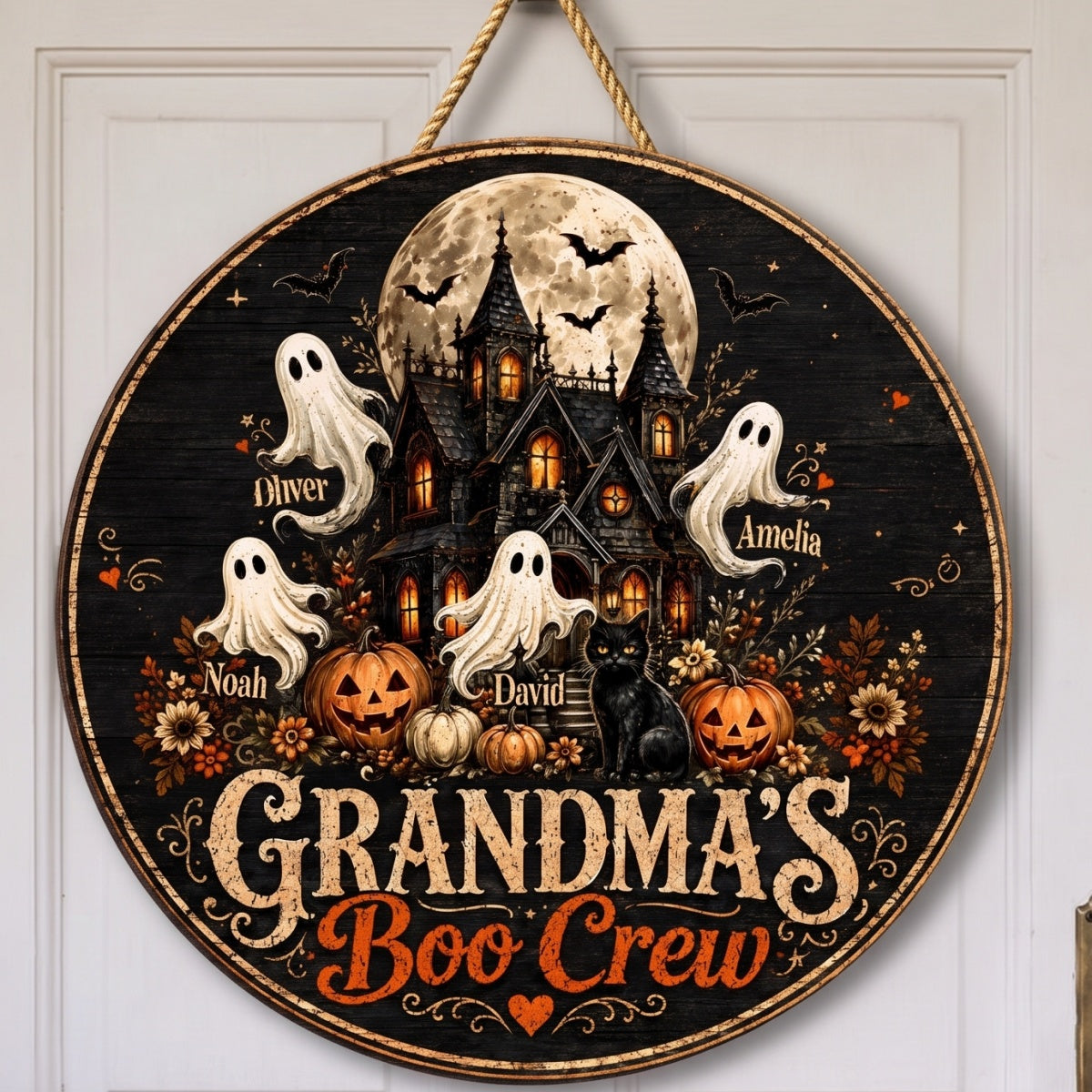 Personalized Kids Name & Grandma's Boo Crew Wooden Sign With Haunted House Ghost For Halloween Decor