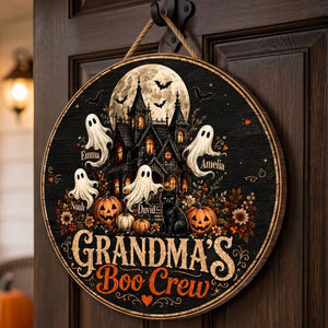 Personalized Kids Name & Grandma's Boo Crew Wooden Sign With Haunted House Ghost For Halloween Decor
