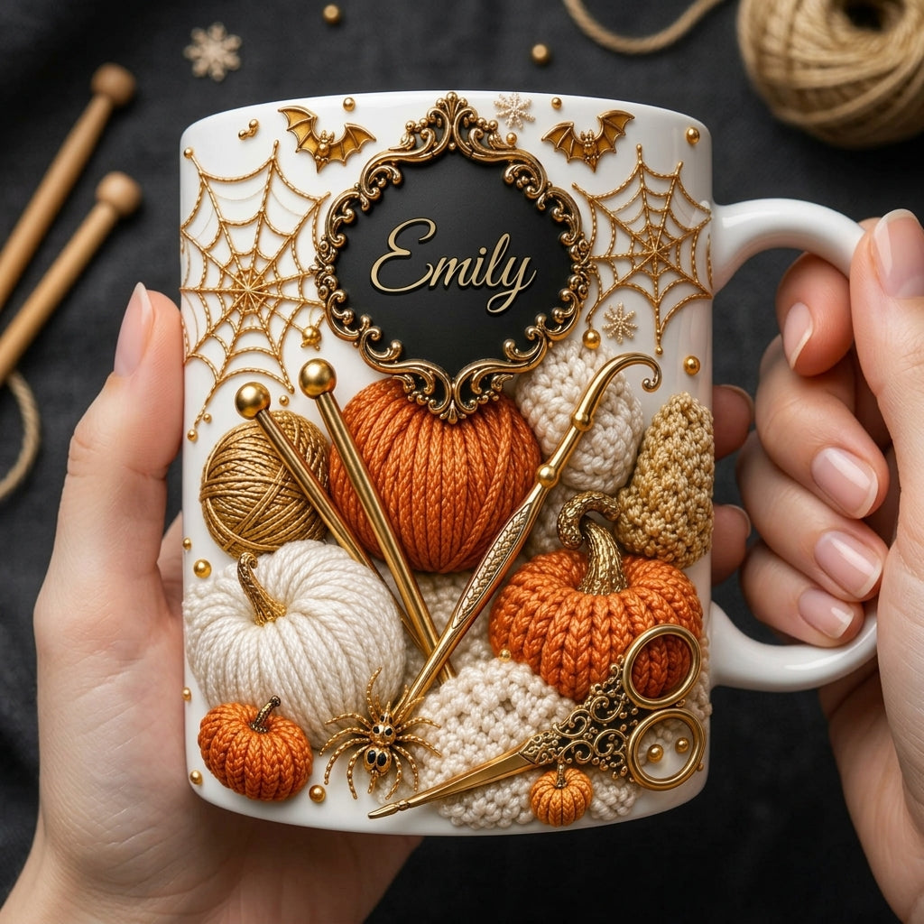 Personalized Name Ceramic Coffee Mug - Cozy Fall Crochet Vibes For Crocheter Gift