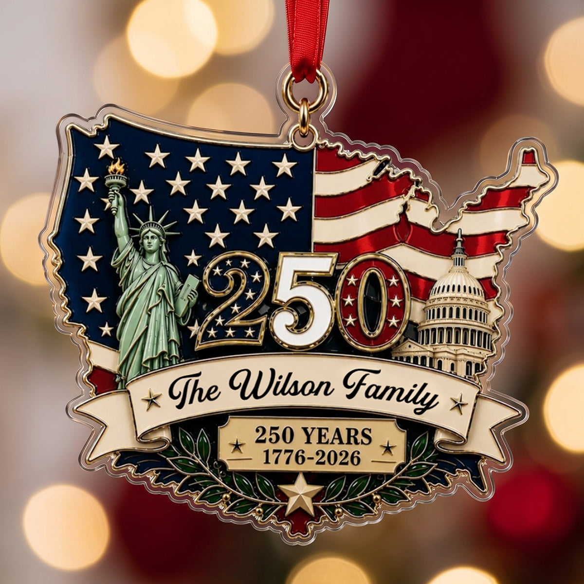 Personalized 250th America Patriotic Christmas Ornament With Family Name - USA Flag Tree Decor