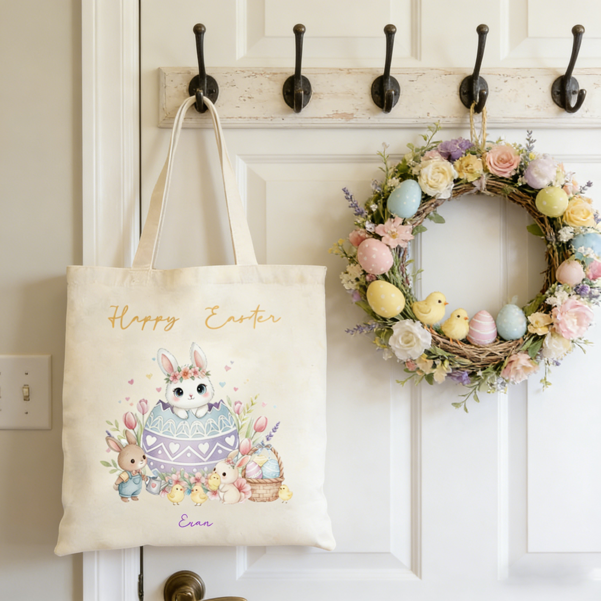Personalized Watercolor Bunny Canvas Tote Bag With Name Happy Easter Egg Hunt Bag | Spring Party Favors Easter Gift For Kids
