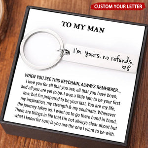 Personalized "I'm Yours No Refunds" Keychain With Initial | Funny Anniversary Valentine's Day Gift For Couple & Partners