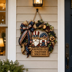 Personalized Growing Old Together Patriotic Gnomes Wreath Wood Sign - American Flag Door Decor