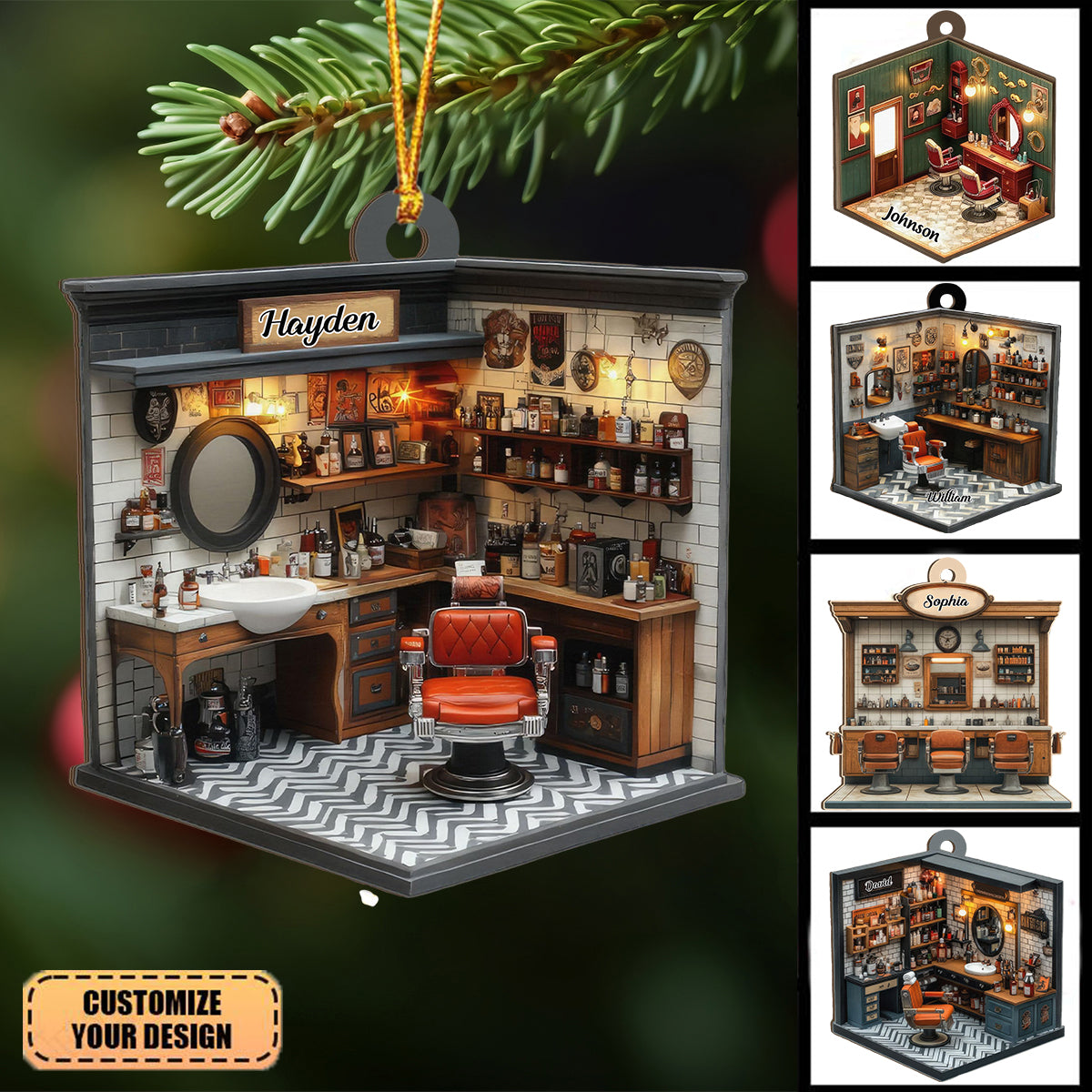 Personalized 3D Effect Barber Shop Ornament With Name Hang The "Exclusive Barber Shop" On Christmas Tree For Hairdressers Stylists