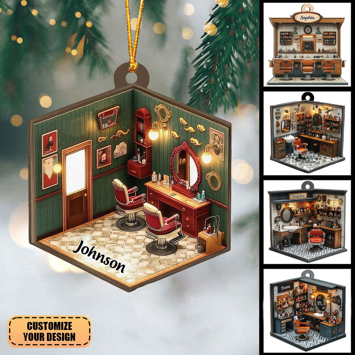 Personalized 3D Effect Barber Shop Ornament With Name Hang The "Exclusive Barber Shop" On Christmas Tree For Hairdressers Stylists