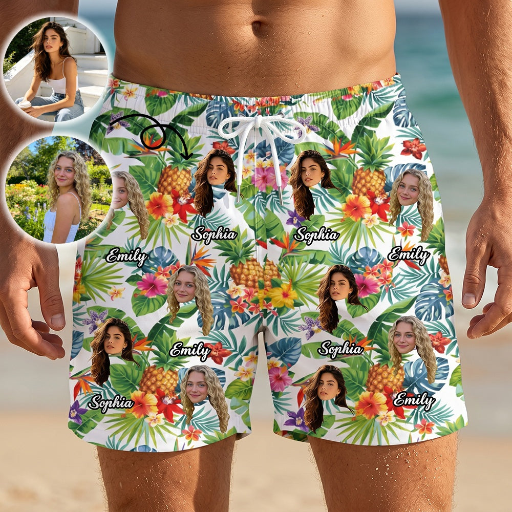 Custom Photo Names Hawaiian Beach Shorts With Tropical Floral Graphic For Summer Gift