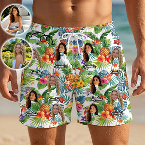Custom Photo Names Hawaiian Beach Shorts With Tropical Floral Graphic For Summer Gift