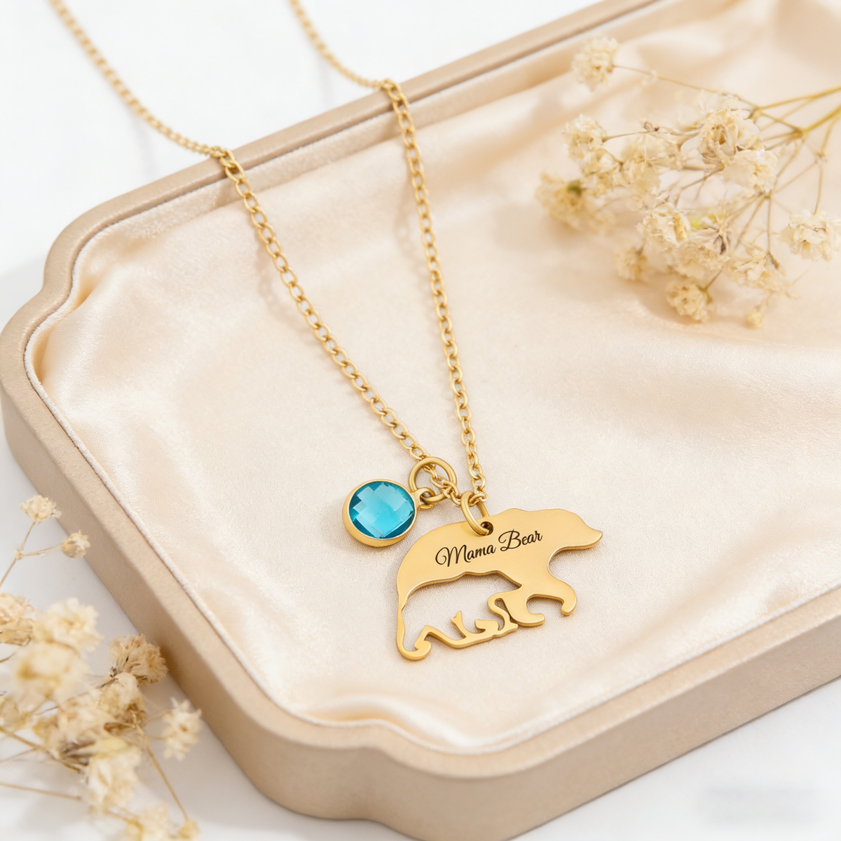 Personalized Cut-out Mama Bear Pendant Necklace With Birthstone - Mother's Day Gift For Mom & Grandma