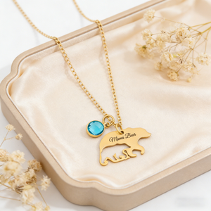 Personalized Cut-out Mama Bear Pendant Necklace With Birthstone - Mother's Day Gift For Mom & Grandma