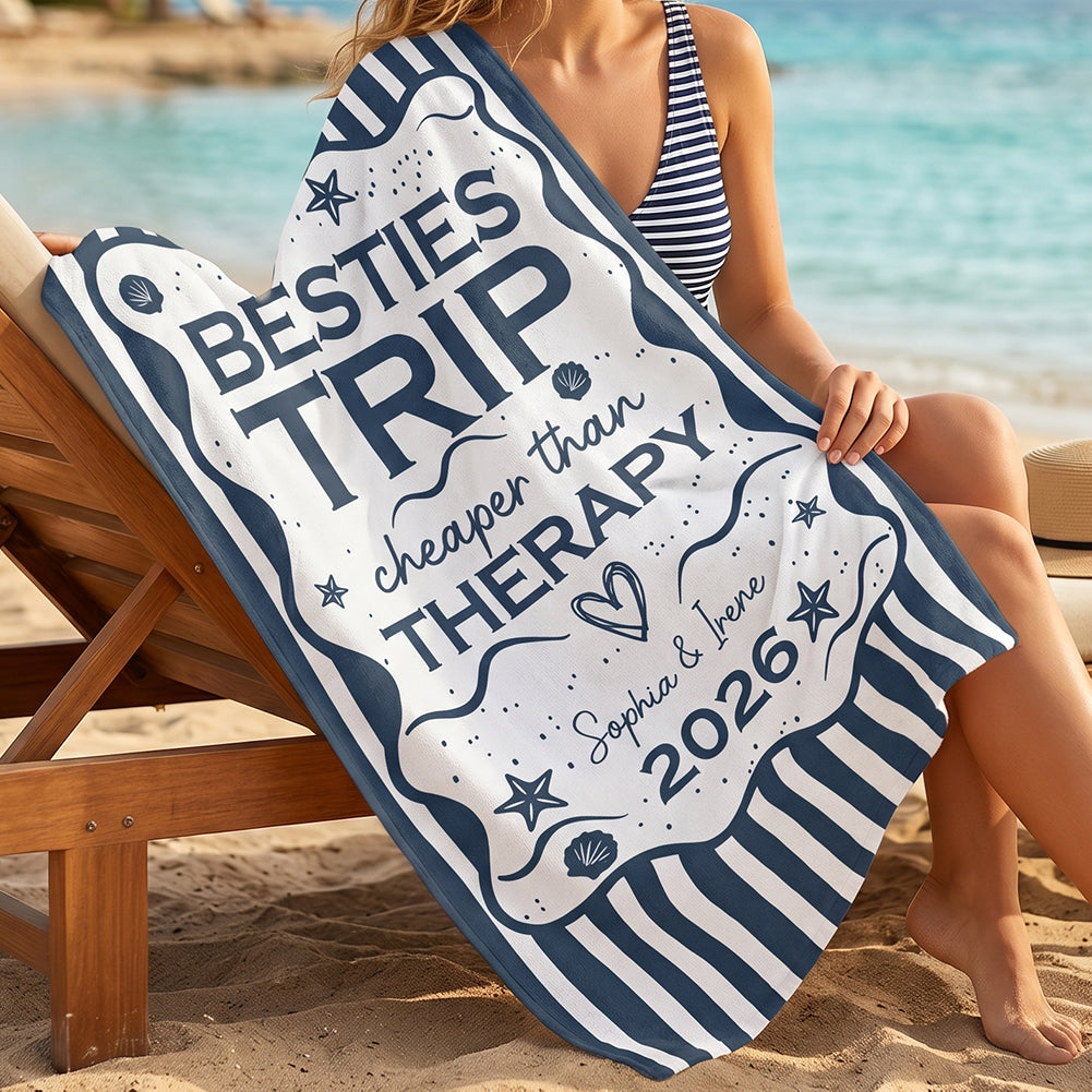 Personalized Name Year Beach Towel With Retro Stripe For Besties Summer Trip