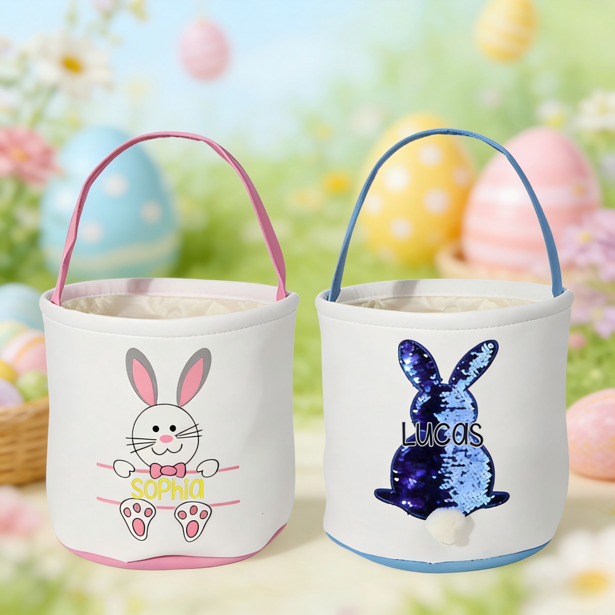 Personalized Canvas Easter Basket Bucket Bag with Bunny Design & Name | Baby First Easter Large Capacity Holiday Treat Bag Egg Hunt Bag For Kids