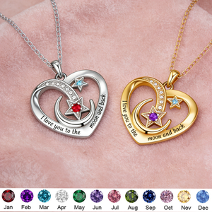 Personalized Engraved Moon & Star Heart Necklace With Birthstone & Text | Mother's Day Gift For Mom