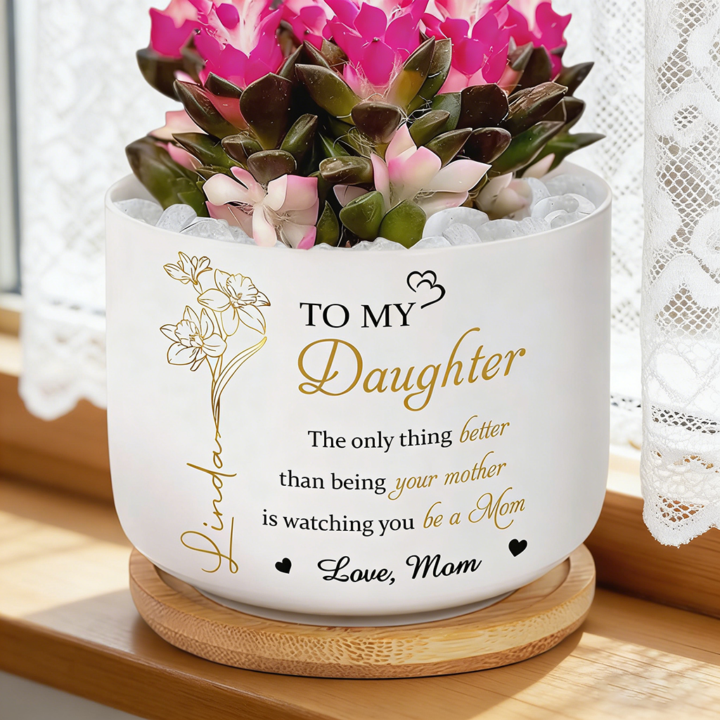 Personalized Floral Ceramic Plant Pot With "To My Daughter" & Name - Mother's Day Gift For Mom & Daughter