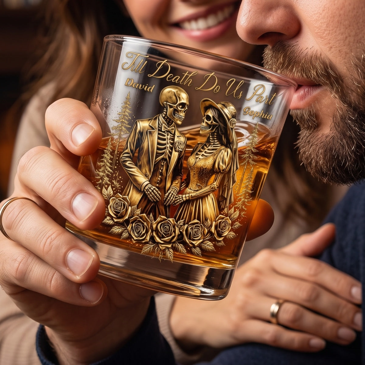 Personalized Name Skeleton Couple Whiskey Glass With Till Death Do Us Part For Halloween Anniversary Gift
