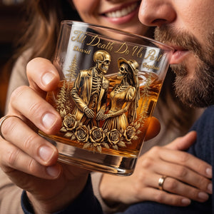 Personalized Name Skeleton Couple Whiskey Glass With Till Death Do Us Part For Halloween Anniversary Gift