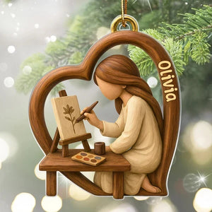 Personalized Acrylic Ornament, Warm Wood Tone Artist Painting in Heart, Unique Creative Gift for Artists
