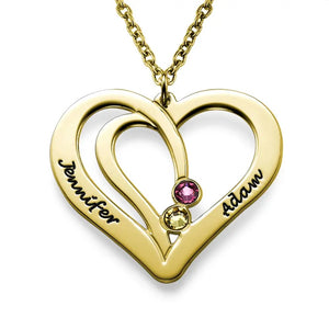 Personalized Dual Birthstones Couples Heart Jewelry Necklace With Engraved Names - Valentine's Day Anniversary Gift For Girlfriend