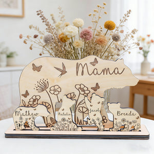 Personalized Layered Wood Carving Mama Bear Sign With Babies' Names & Floral - Mother's Day Gift For Mom