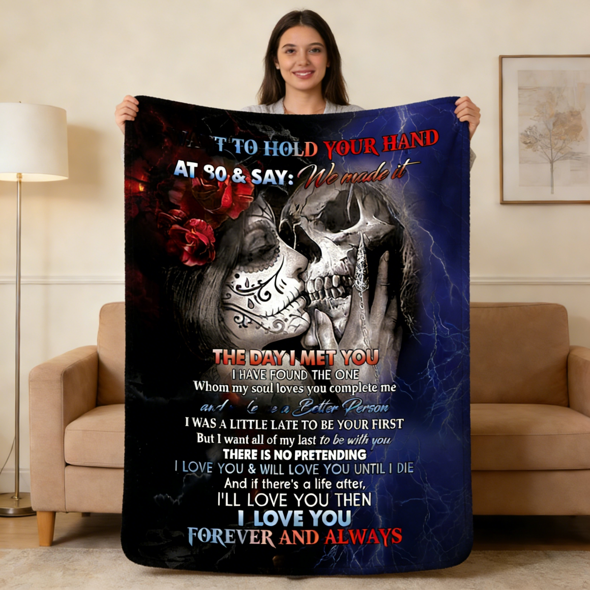 I Want To Hold Your Hand Eternal Love Couple Skull Blanket | Anniversary Valentine's Day Gift For Soulmate & Couple