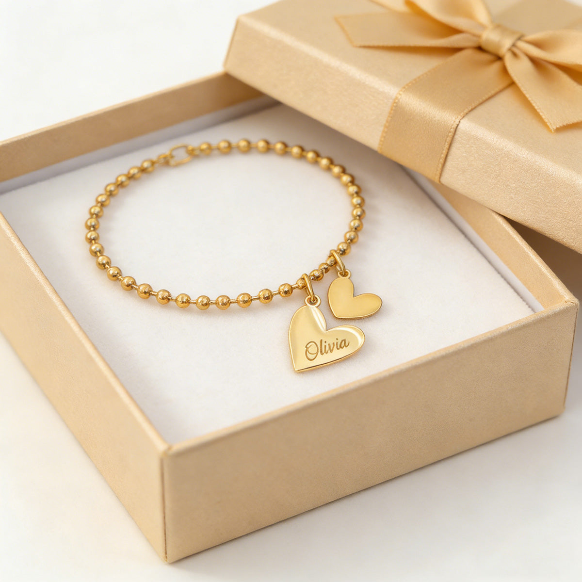 Personalized Dainty Minimalist Beaded Double Heart Charm Bracelet With Engraved Name - Valentine's Day Anniversary For Girlfriend Bestie