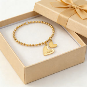 Personalized Dainty Minimalist Beaded Double Heart Charm Bracelet With Engraved Name - Valentine's Day Anniversary For Girlfriend Bestie