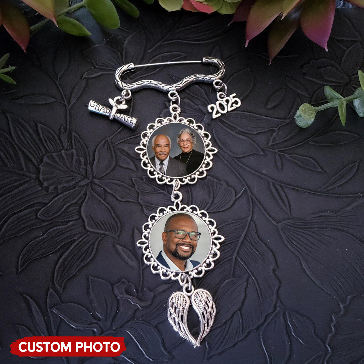 Graduation Custom Memorial Photo With Angel Wings Pendant Personalized Gown Charm Pin