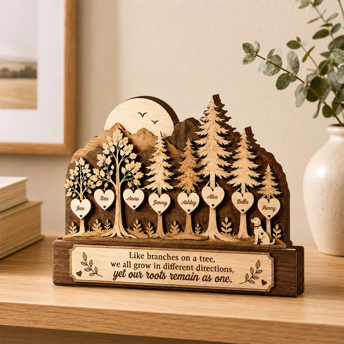 Personalized Family Tree Wooden Block | Custom 1-8 Names | Our Roots Remain As One Gift