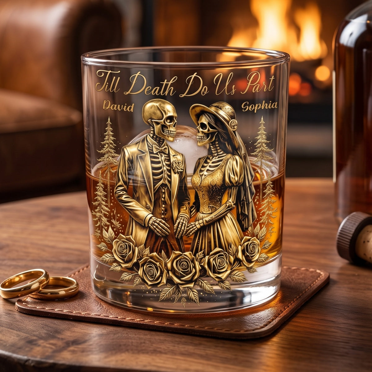 Personalized Name Skeleton Couple Whiskey Glass With Till Death Do Us Part For Halloween Anniversary Gift