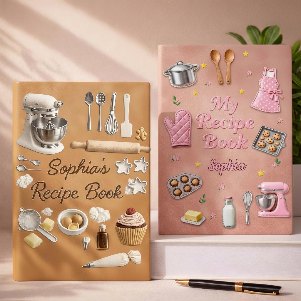 Personalized Leather Journal Recipe Book With Name & Baking Illustrations & Color | Perfect Gift For Mom Grandma & Bakers