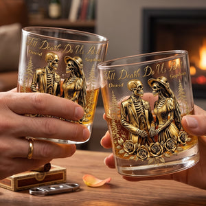 Personalized Name Skeleton Couple Whiskey Glass With Till Death Do Us Part For Halloween Anniversary Gift