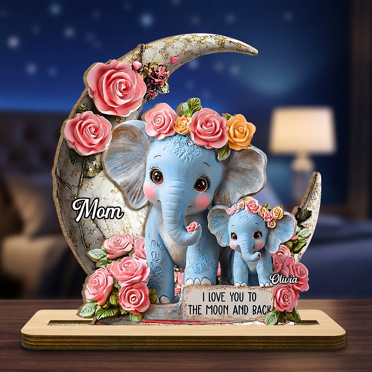 Personalized "Mom & Baby" Elephant Moon Wooden Plaque | Mother's Day Gift For Mom Grandma