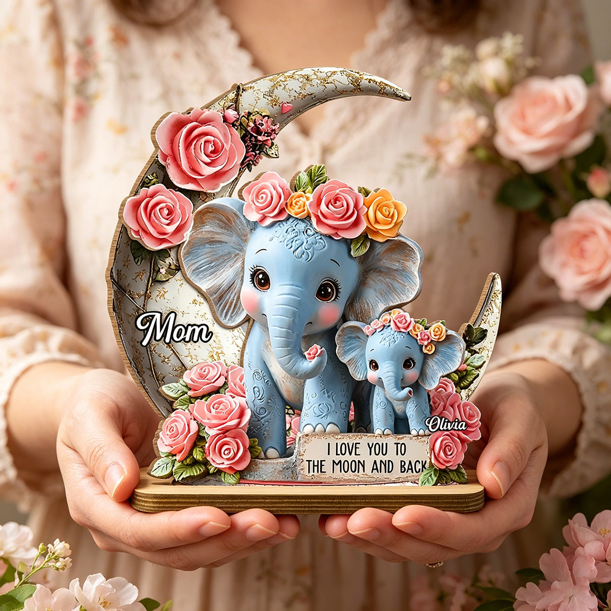 Personalized "Mom & Baby" Elephant Moon Wooden Plaque | Mother's Day Gift For Mom Grandma
