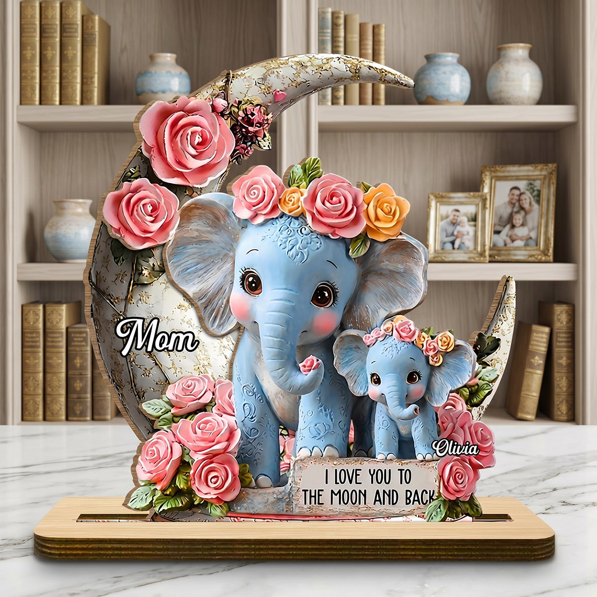 Personalized "Mom & Baby" Elephant Moon Wooden Plaque | Mother's Day Gift For Mom Grandma
