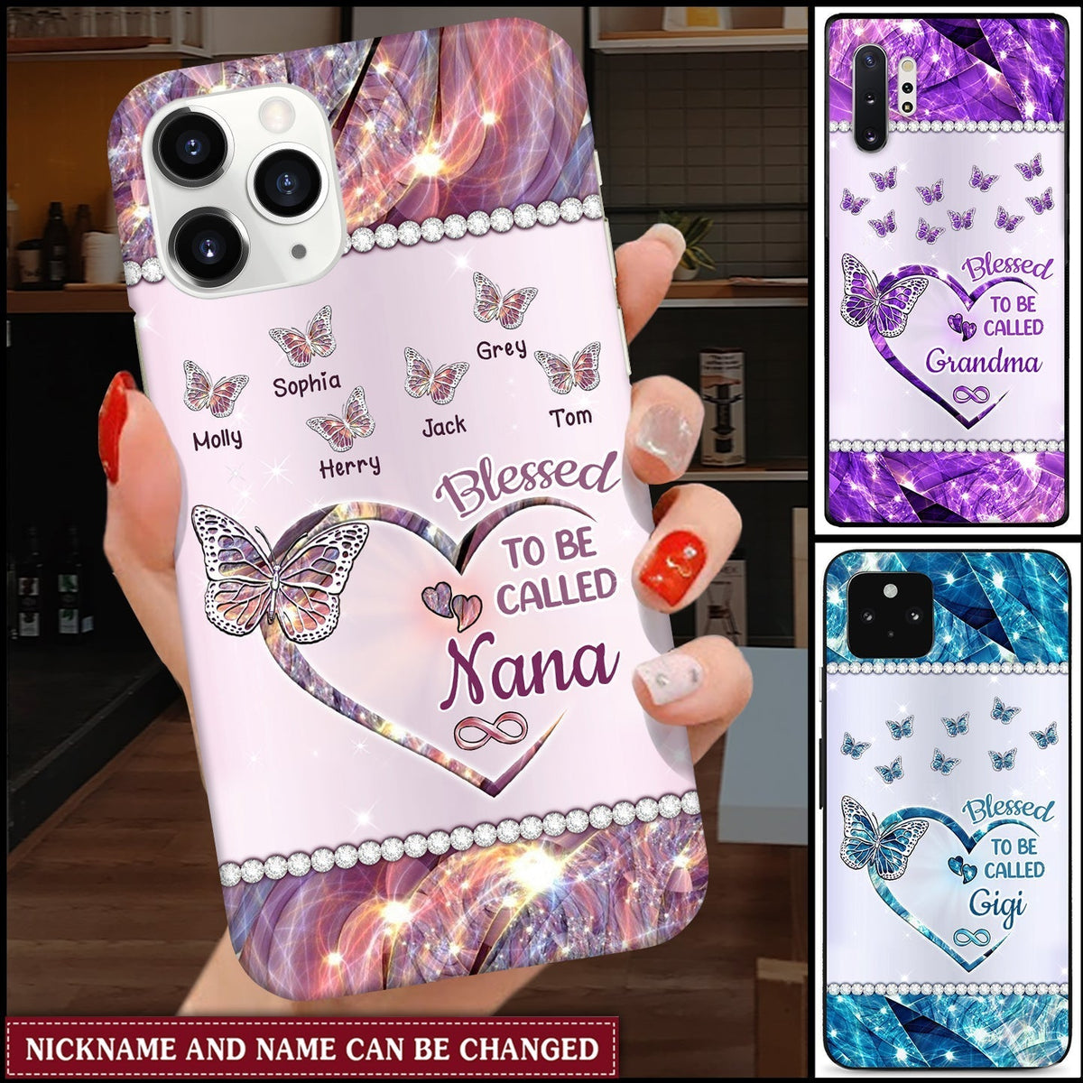 Custom Glass Phone Case - Shiny Heart-Shaped Butterfly Design, Drop-proof and Wear-resistant, Customized for Your Grandma,Mother