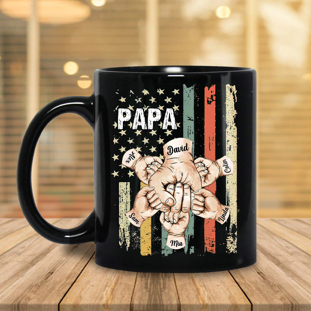 Retro Vintage American Flag Papa Daddy Kids Hands To Hands Personalized Mug