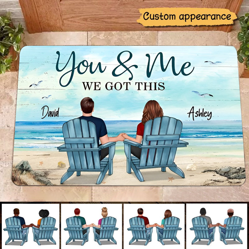 Back View Couples Sitting Beach Landscape Personalized Doormat